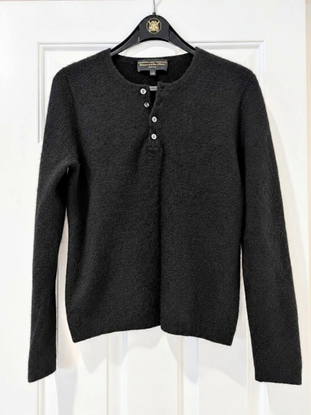 Hudson's Bay Company 100% Cashmere Black Henley Sweater Top S/M/L Quiet Luxury
